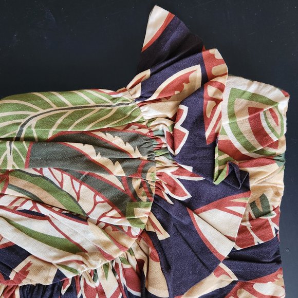 NWT ZARA Linen Blend Green Beige Black Smocked Ruffled Top - Picture 6 of 8